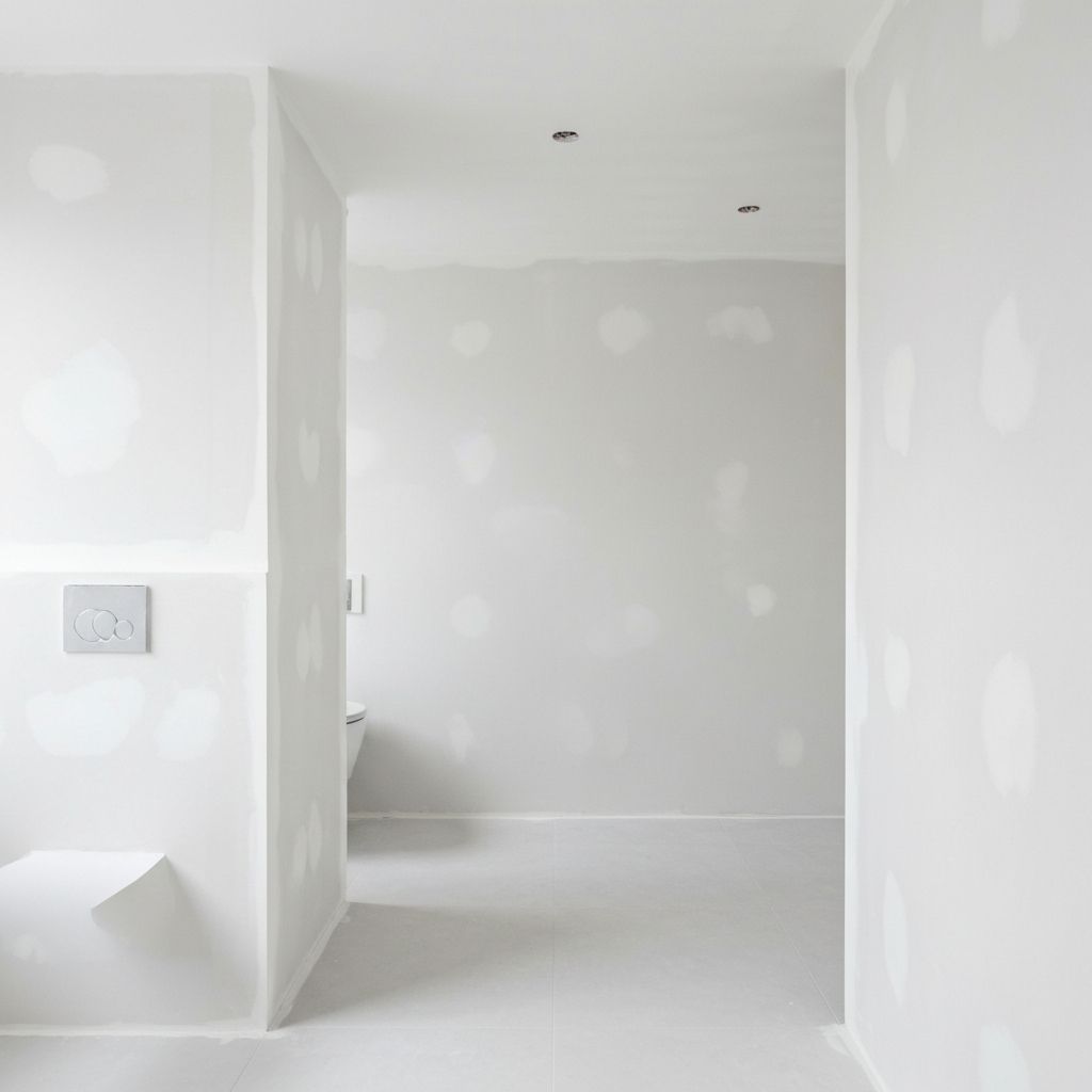 Bathroom re-fit — freshly plastered walls ready for tiling